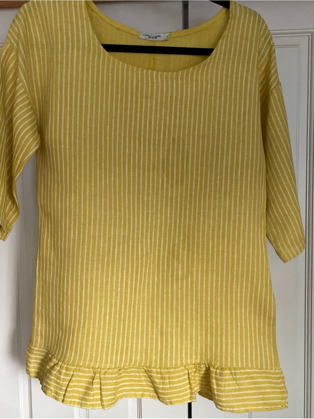 Coastal Breeze Yellow Stripe Ruffle-Hem Linen Tunic Size Small